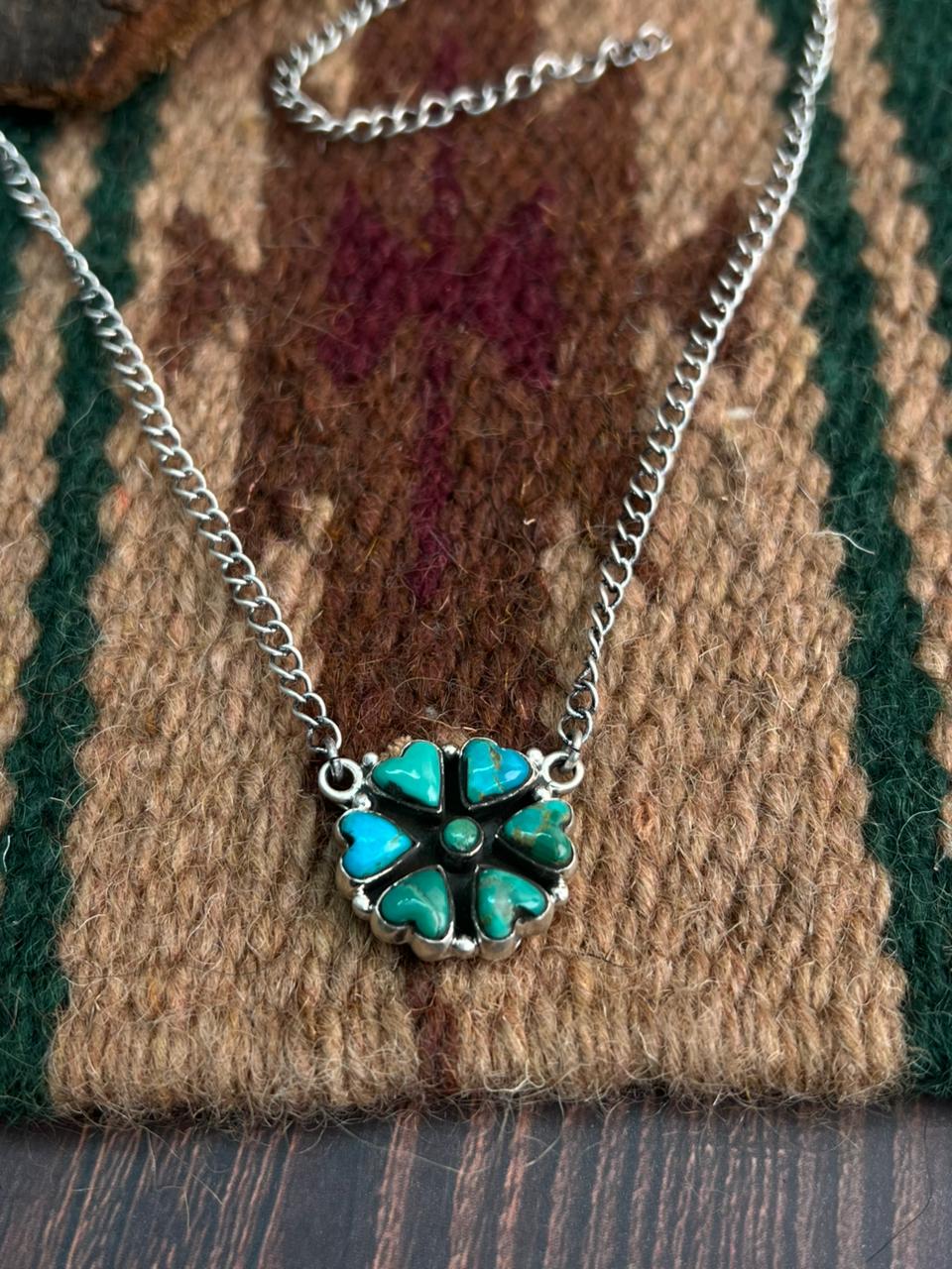"Heart Collection" Handmade Sterling Silver Kingman Turquoise Heart Necklace "Signed Nizhoni" -DS
