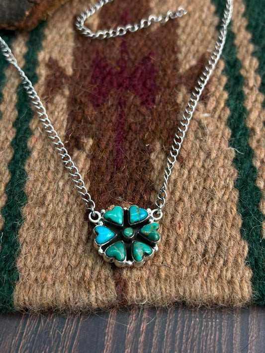 "Heart Collection" Handmade Sterling Silver Kingman Turquoise Heart Necklace "Signed Nizhoni" -DS