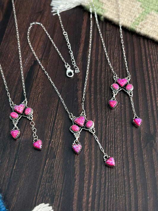 "Heart Collection" Handmade Sterling Silver Hot Pink Necklace "Signed Nizhoni"-DS