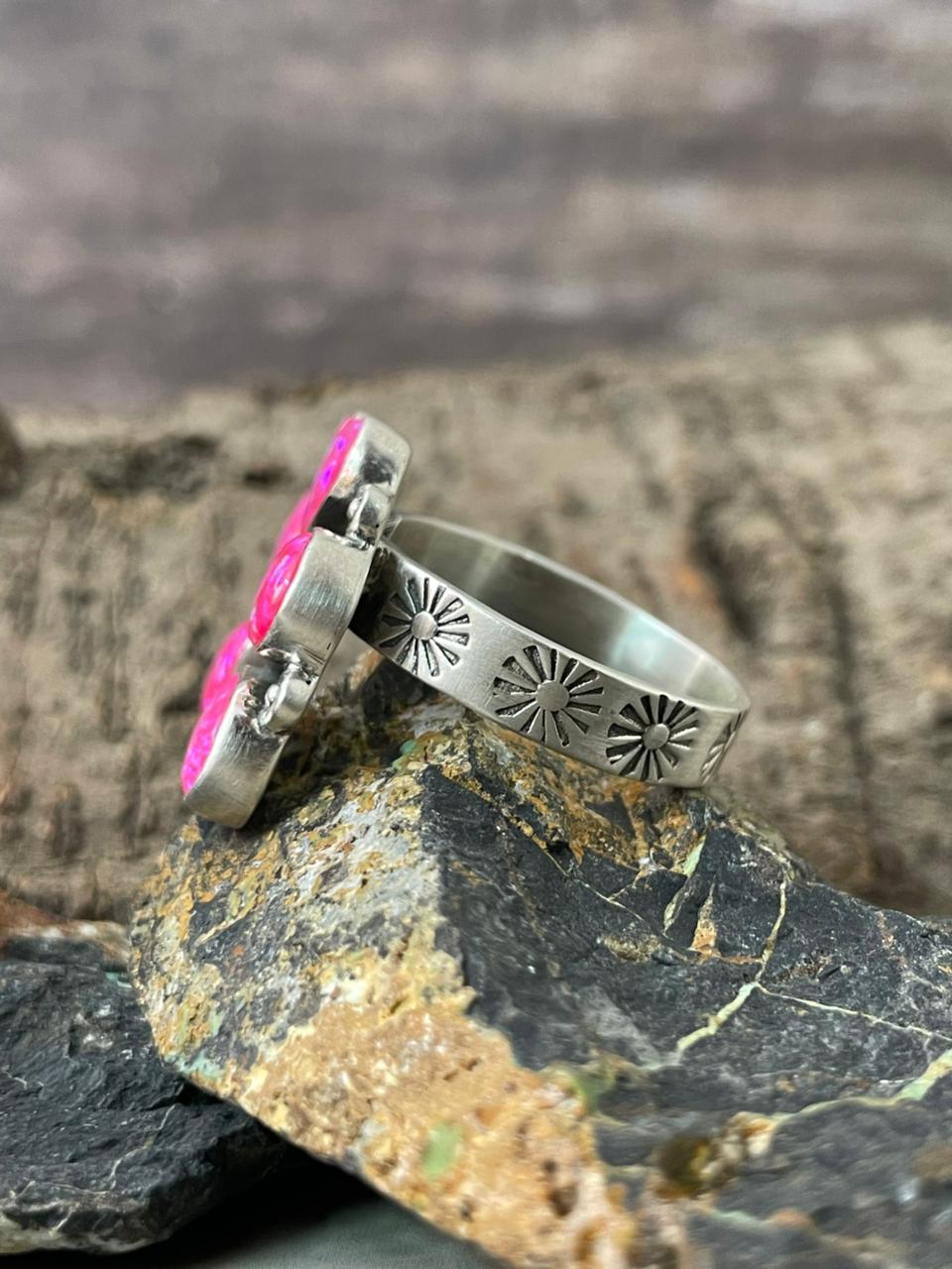"Heart Collection" Handmade Sterling Silver Hot Pink Adjustable Ring "Signed Nizhoni" -DS