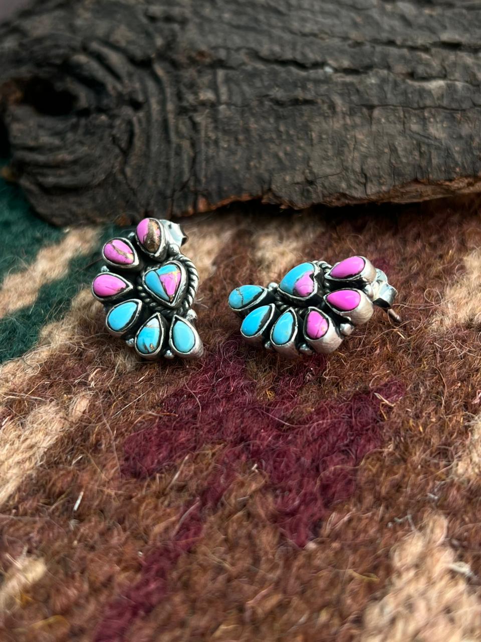 "Heart Collection" Handmade Sterling Silver Cotton Candy Post Studs Earrings "Signed Nizhoni"-DS