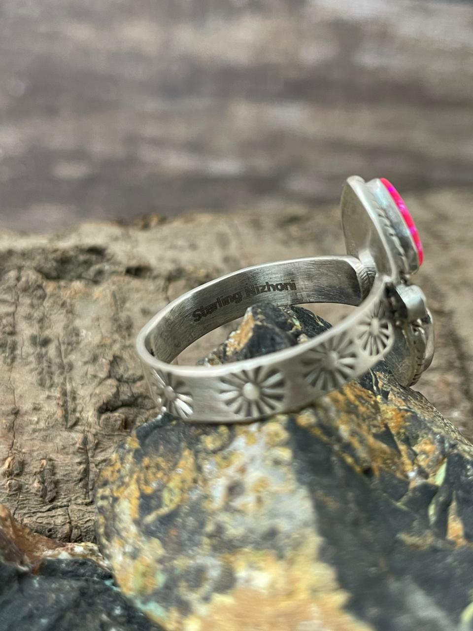 "Heart Collection" Handmade Sterling Silver Hot Pink Adjustable Ring "Signed Nizhoni" -DS