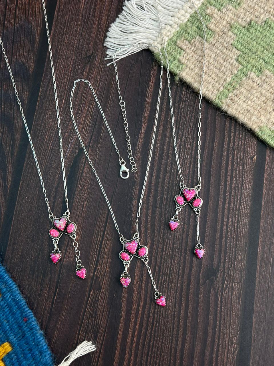 "Heart Collection" Handmade Sterling Silver Hot Pink Necklace "Signed Nizhoni"-DS