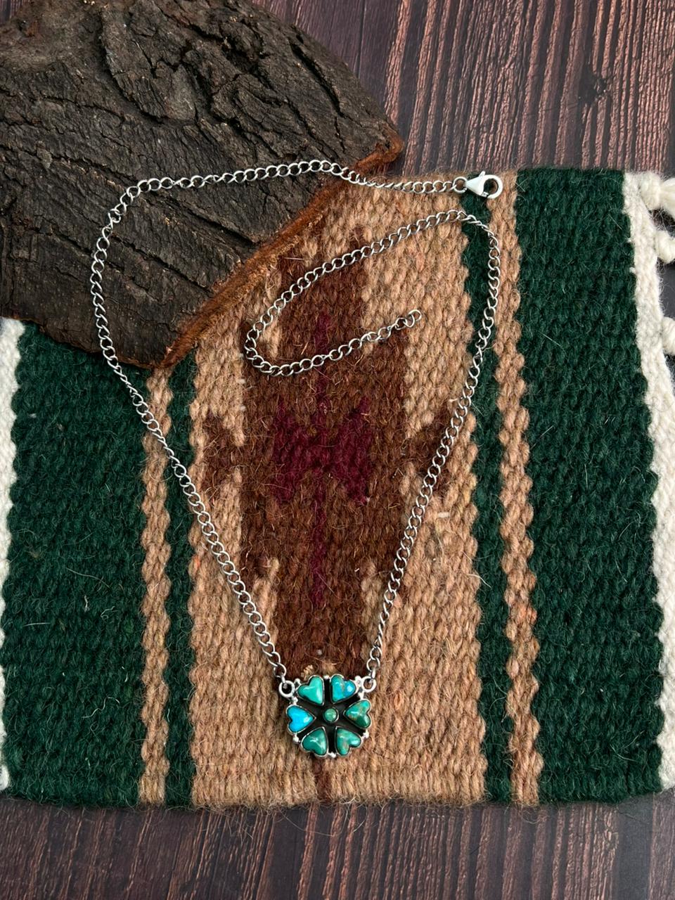 "Heart Collection" Handmade Sterling Silver Kingman Turquoise Heart Necklace "Signed Nizhoni" -DS