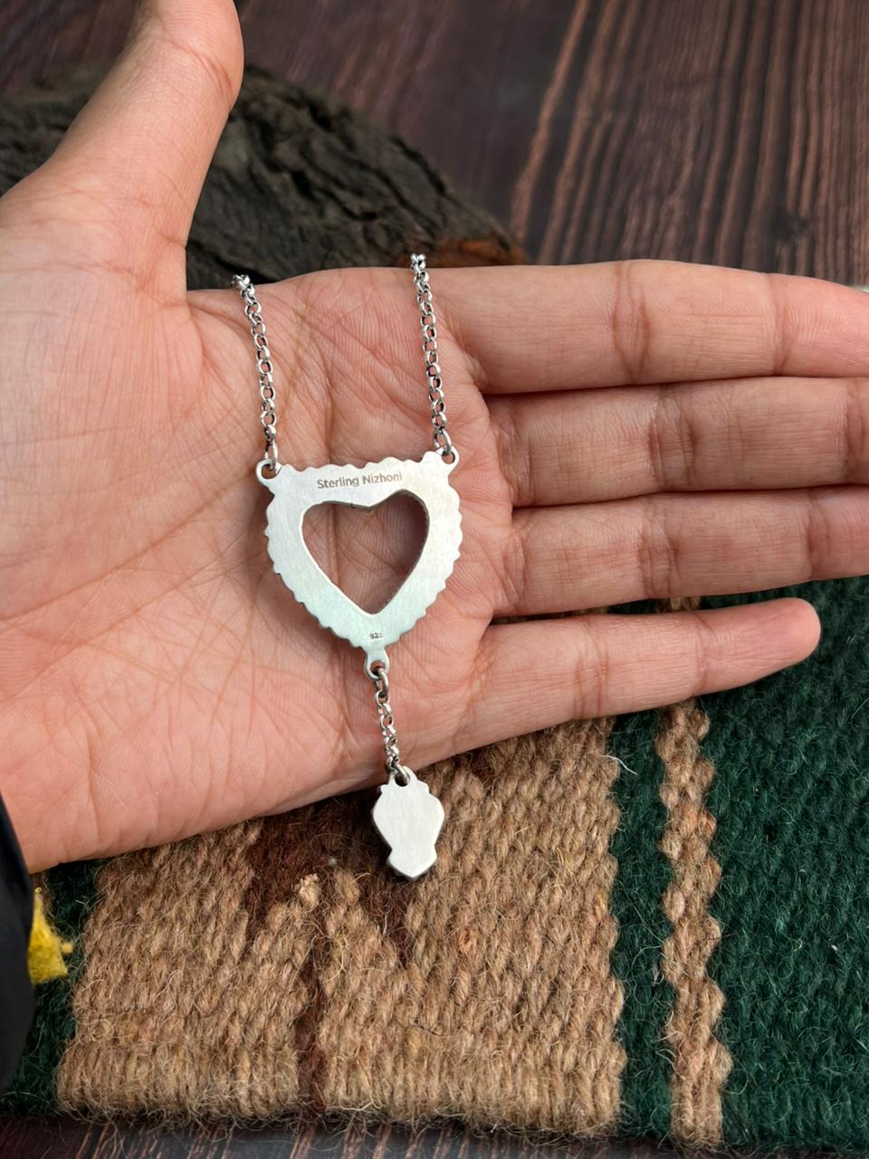 "Heart Collection" Handmade Sterling Silver Kingman Turquoise Necklace "Signed Nizhoni" -DS