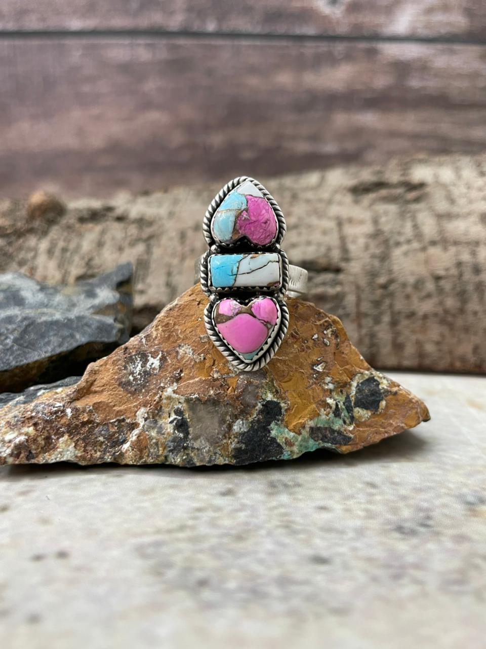 "Heart Collection" Handmade Sterling Silver Cotton Candy Adjustable Ring "Signed Nizhoni" -DS