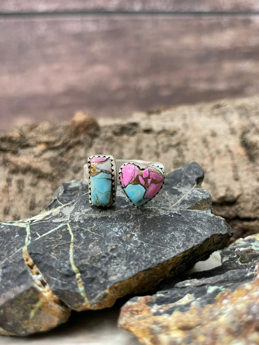 "Heart Collection" Handmade Sterling Silver Cotton Candy Adjustable Ring "Signed Nizhoni"-DS