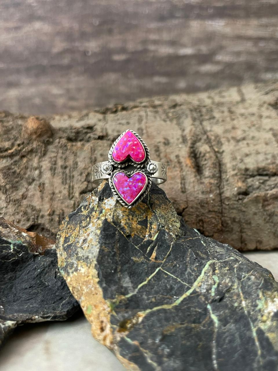 "Heart Collection" Handmade Sterling Silver Hot Pink Adjustable Ring "Signed Nizhoni" -DS