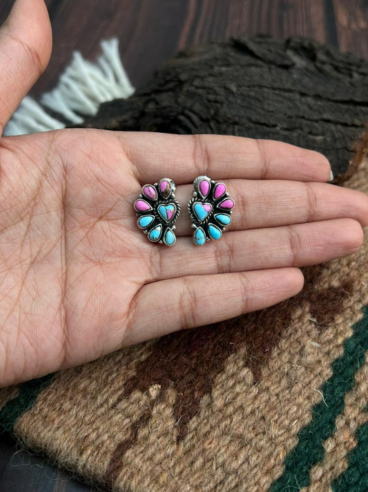 "Heart Collection" Handmade Sterling Silver Cotton Candy Post Studs Earrings "Signed Nizhoni"-DS