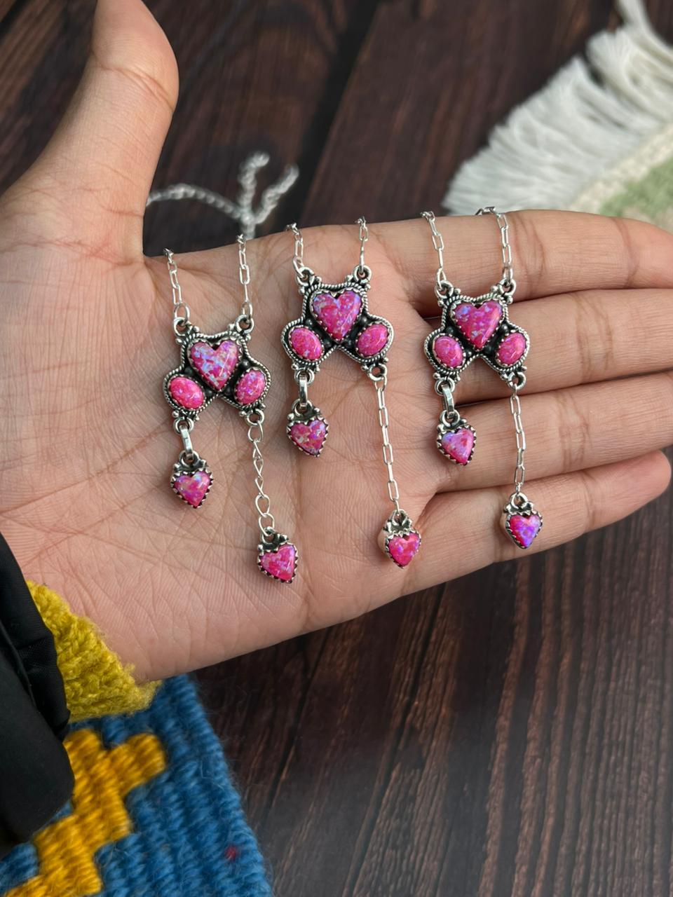 "Heart Collection" Handmade Sterling Silver Hot Pink Necklace "Signed Nizhoni"-DS