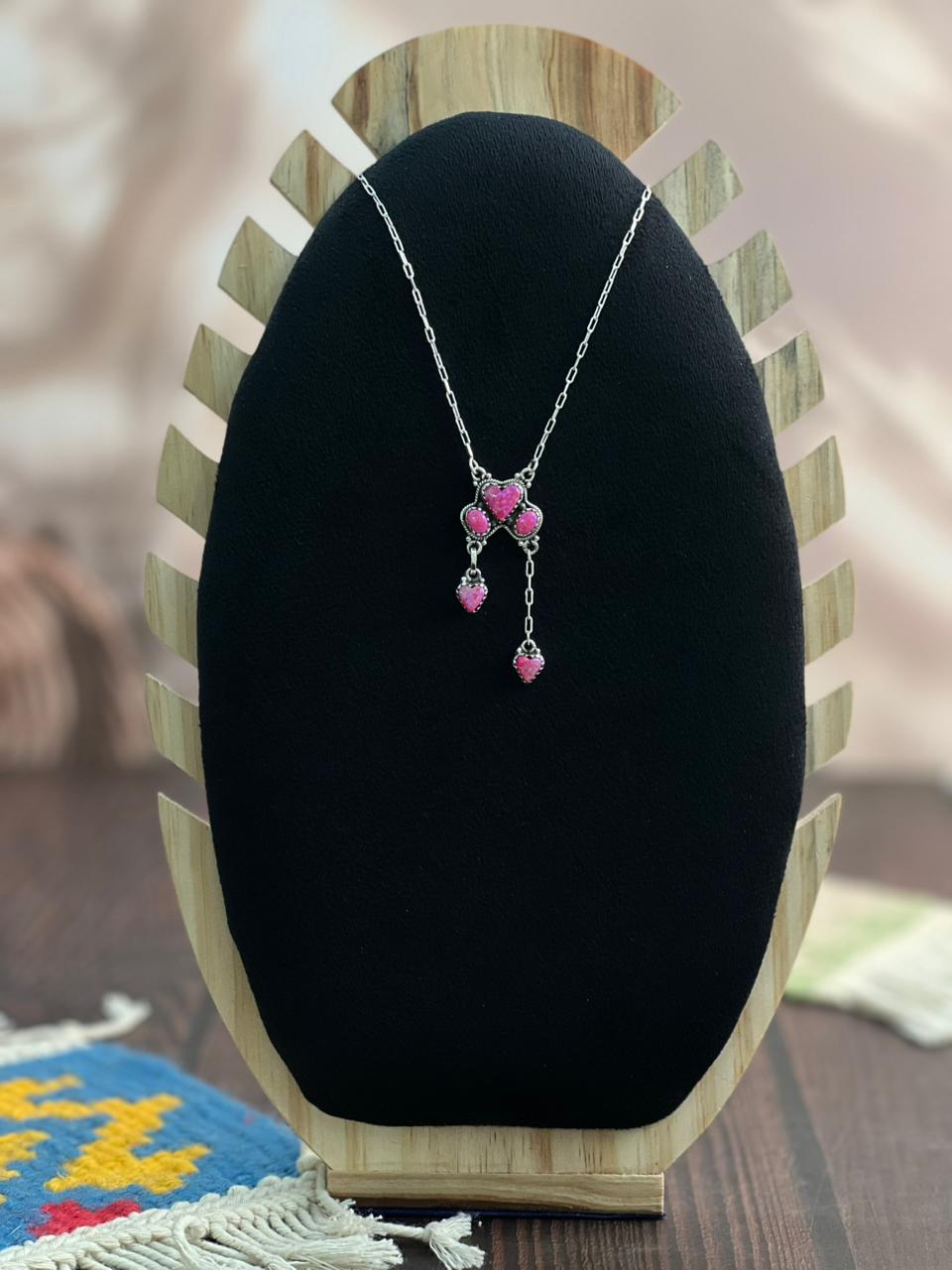 "Heart Collection" Handmade Sterling Silver Hot Pink Necklace "Signed Nizhoni"-DS