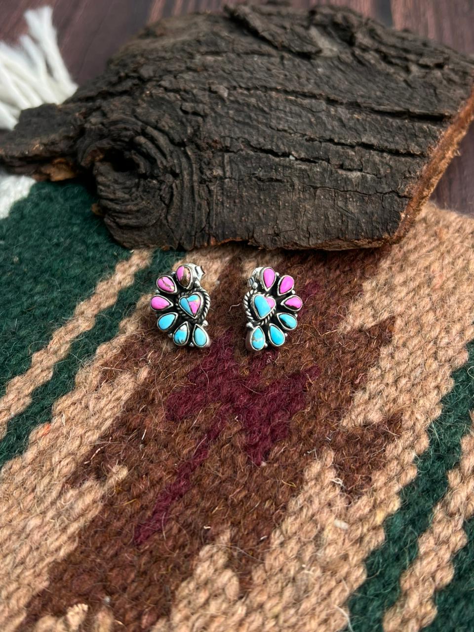 "Heart Collection" Handmade Sterling Silver Cotton Candy Post Studs Earrings "Signed Nizhoni"-DS