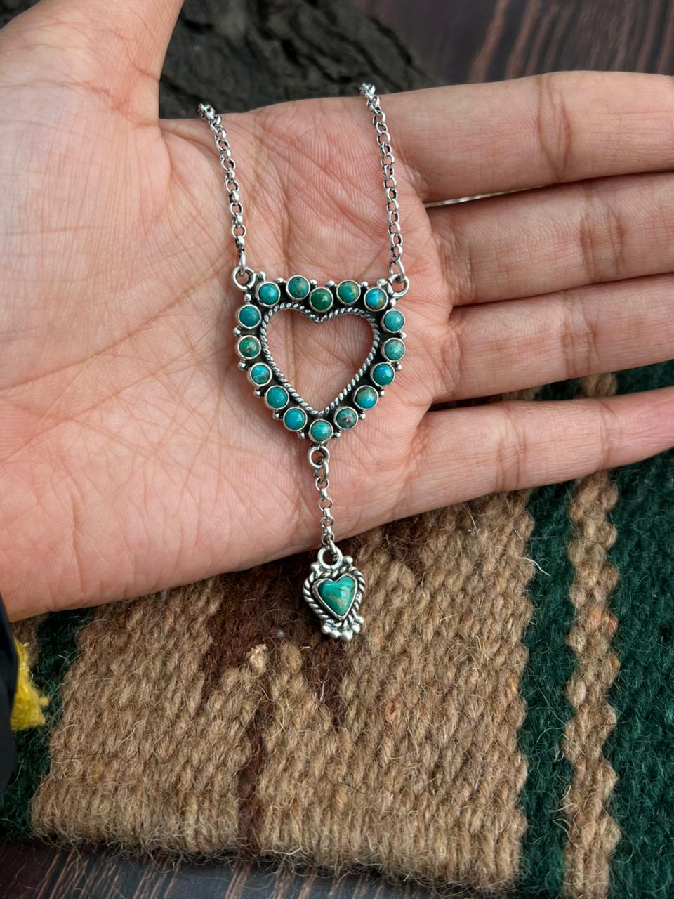 "Heart Collection" Handmade Sterling Silver Kingman Turquoise Necklace "Signed Nizhoni" -DS
