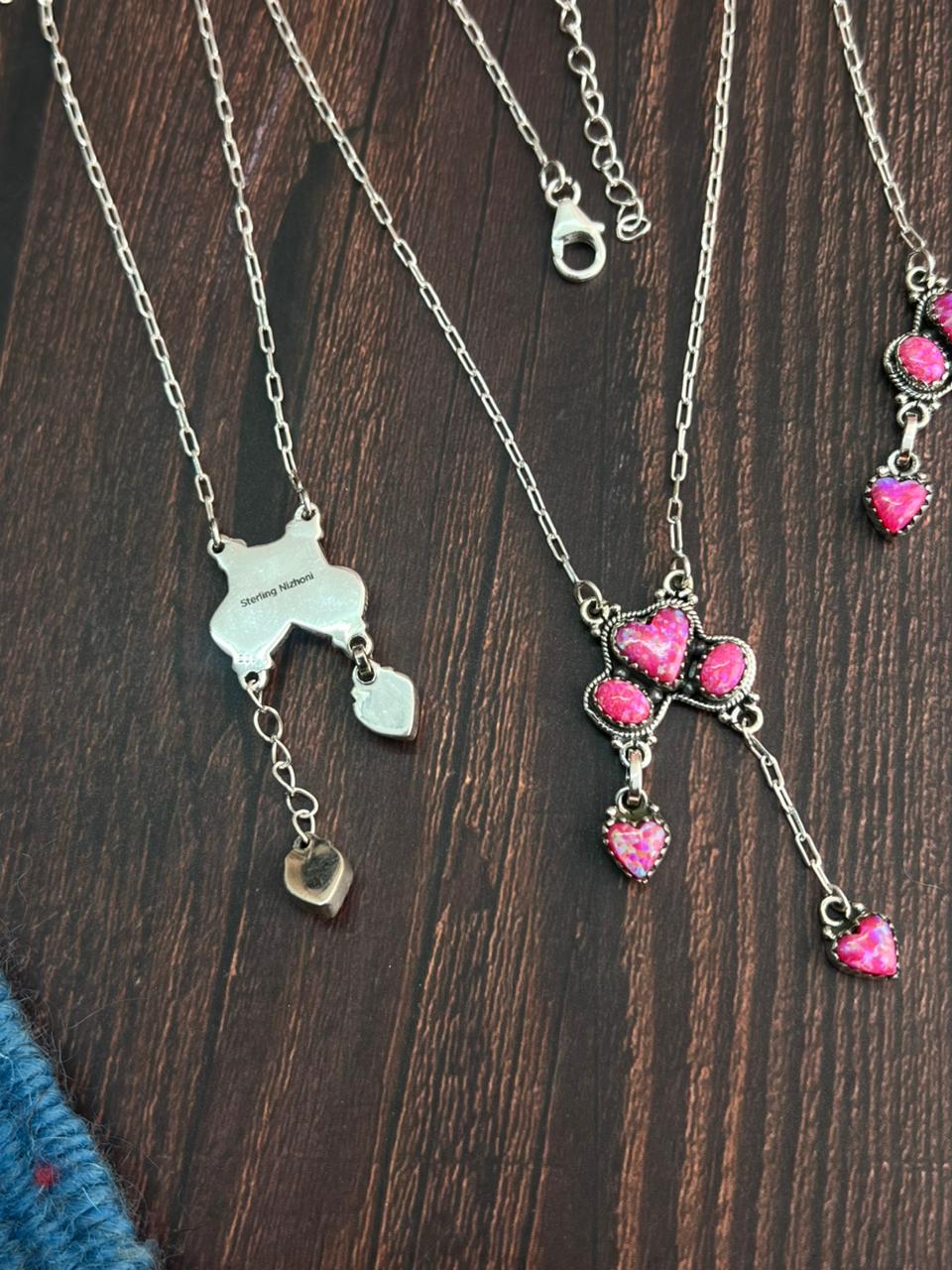 "Heart Collection" Handmade Sterling Silver Hot Pink Necklace "Signed Nizhoni"-DS