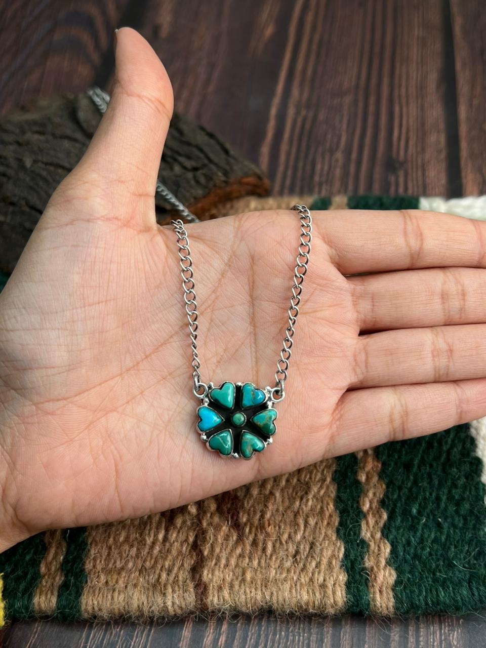 "Heart Collection" Handmade Sterling Silver Kingman Turquoise Heart Necklace "Signed Nizhoni" -DS