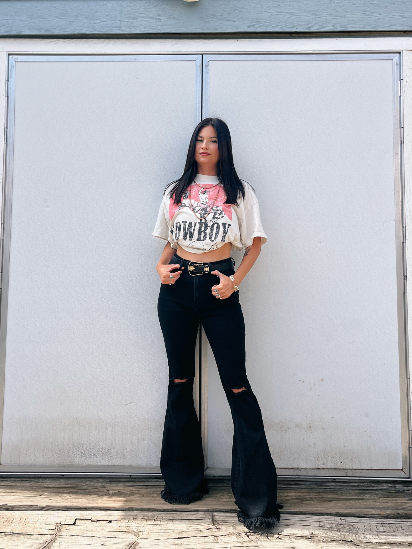 Farrah Distressed High Waisted Flares - Black - DS