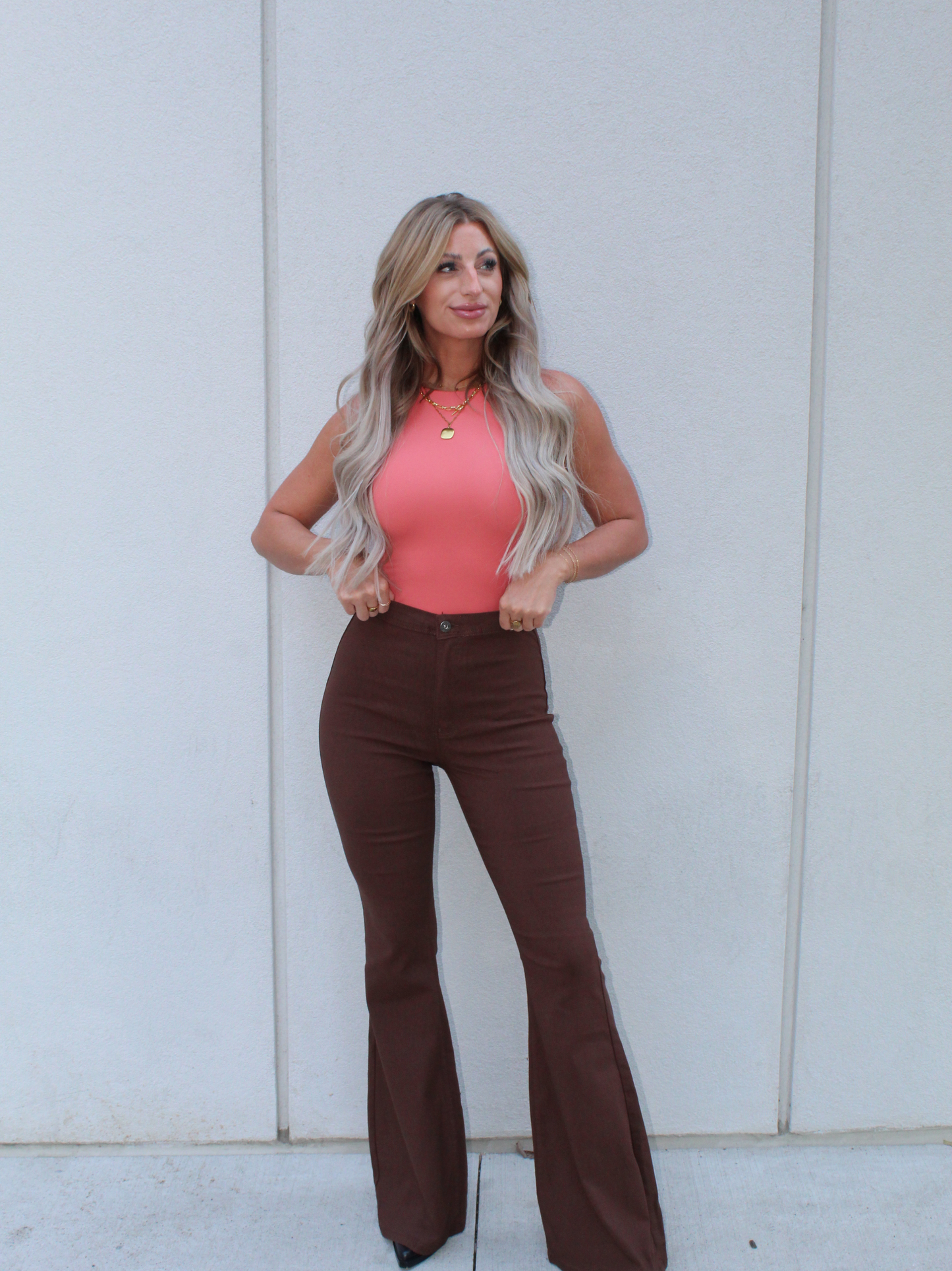 Fiona High Waisted Bell Bottom Flare Jeans - Chocolate Brown -DS