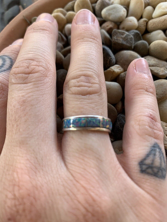 Zuni Sterling Silver Blue Opal Stacker Ring -DS