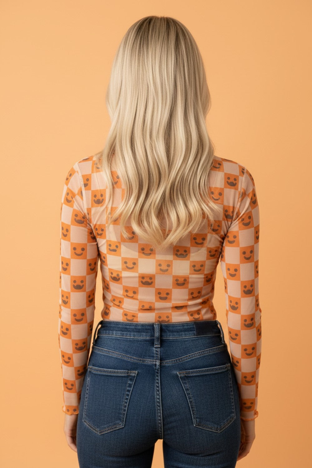 Halloween Checker Mock Neck Long Sleeve Blouse -DS