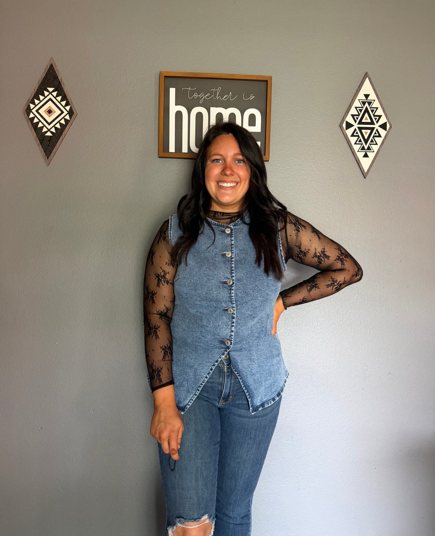 Western Button Down Front Slit Denim Vest