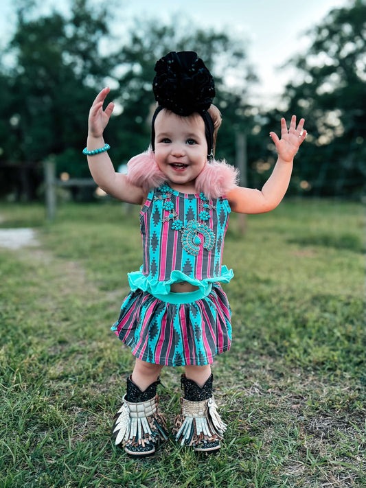 Pink & Teal Aztec Skirted Ruffle Set -DS