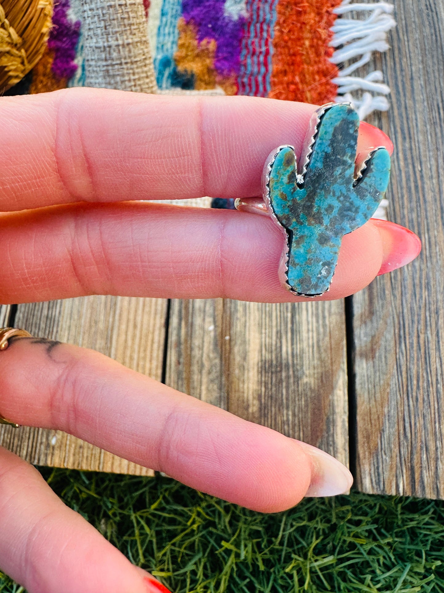 Handcrafted Turquoise & Sterling Silver Cactus Adjustable Ring -DS