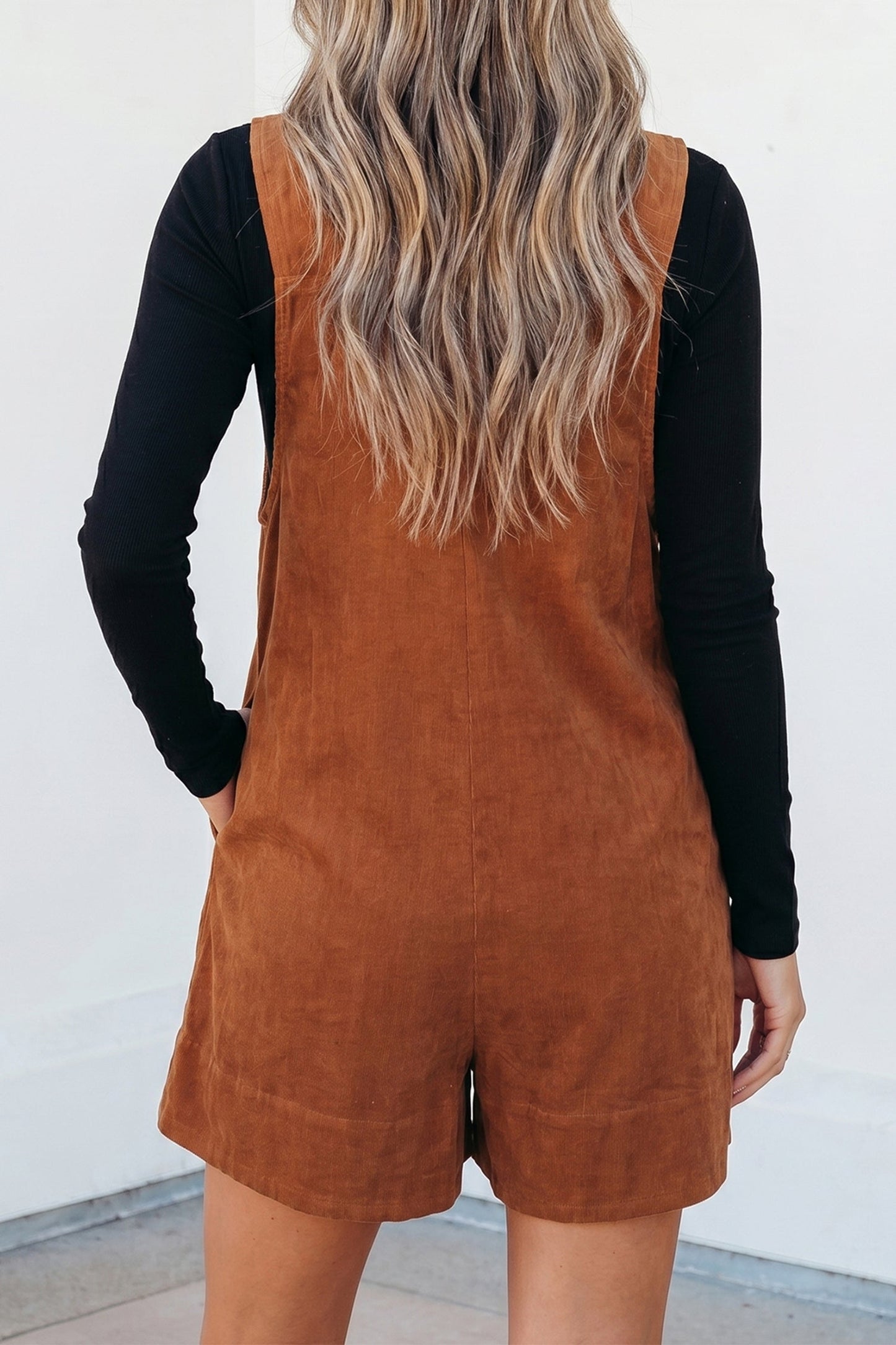 Solid Tie V-Neck Sleeveless Corduroy Romper -DS