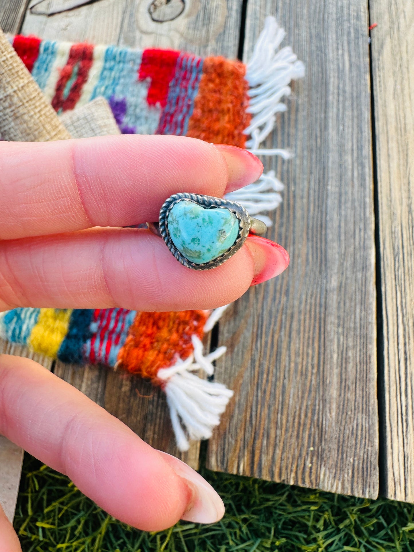Handcrafted Turquoise & Sterling Silver Heart Adjustable Ring -DS