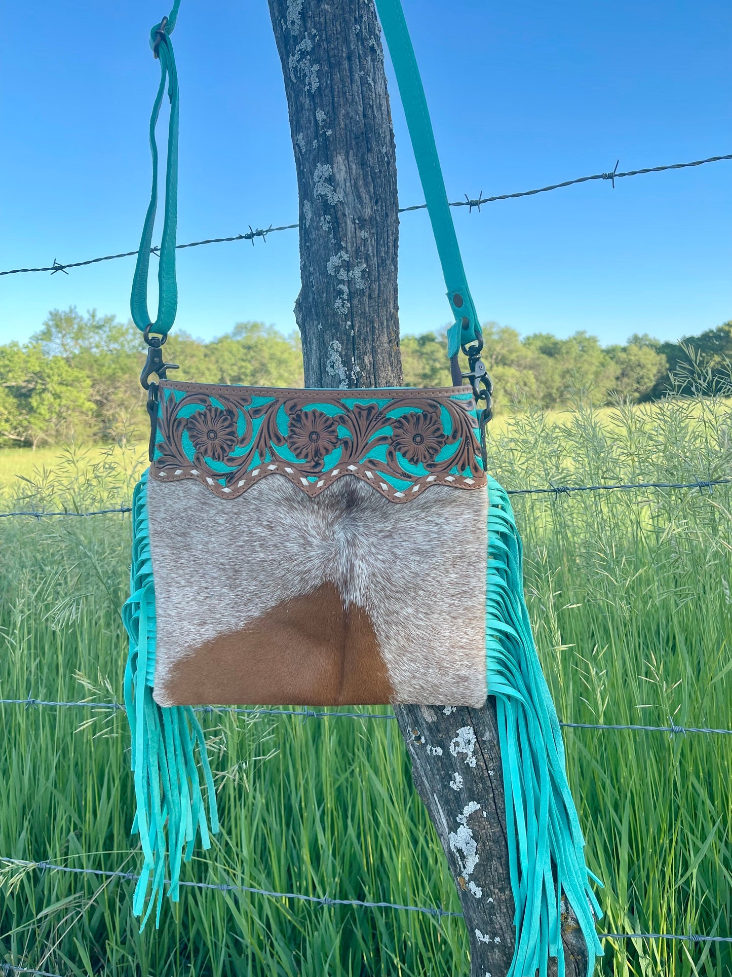 DS- Turquoise Fringe Tooled Hide Crossbody