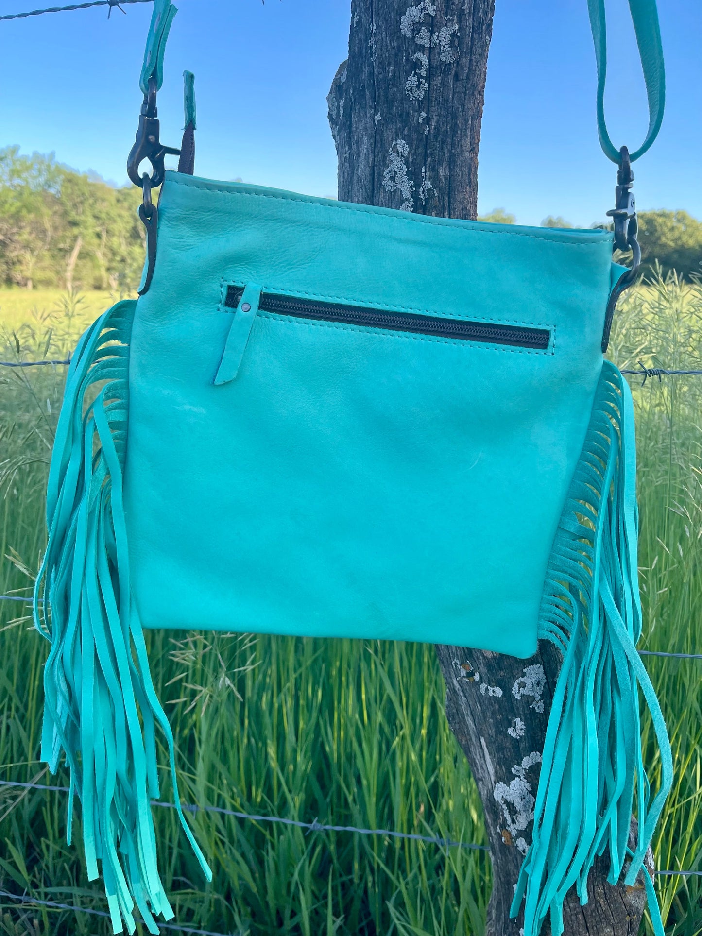 DS- Turquoise Fringe Tooled Hide Crossbody