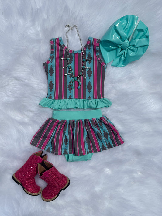 Pink & Teal Aztec Skirted Ruffle Set -DS