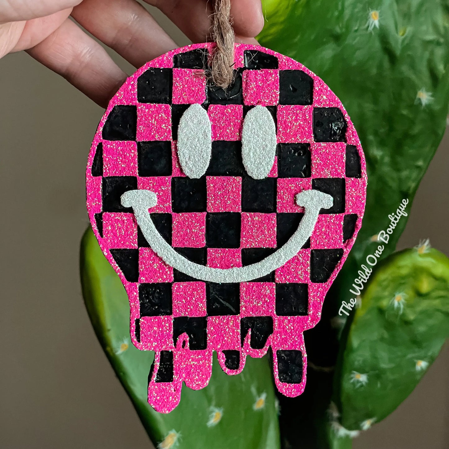 Pink Checkered Smiley Car Freshie