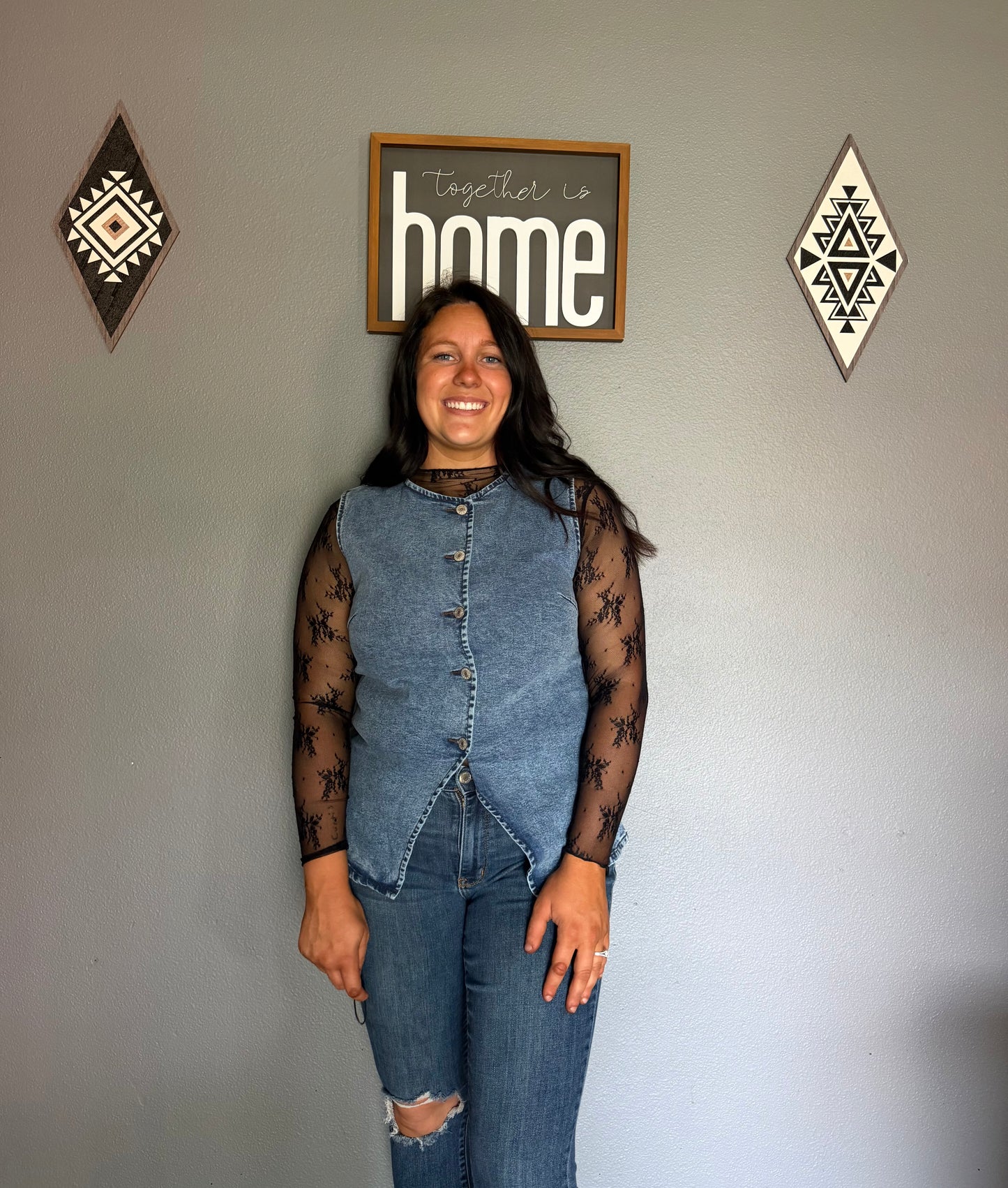 Western Button Down Front Slit Denim Vest