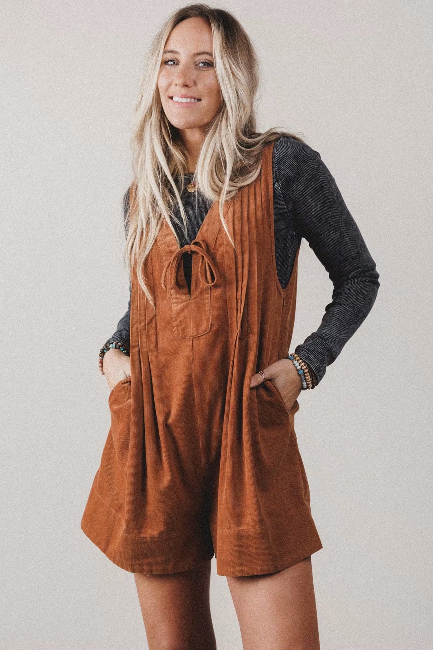 Solid Tie V-Neck Sleeveless Corduroy Romper -DS