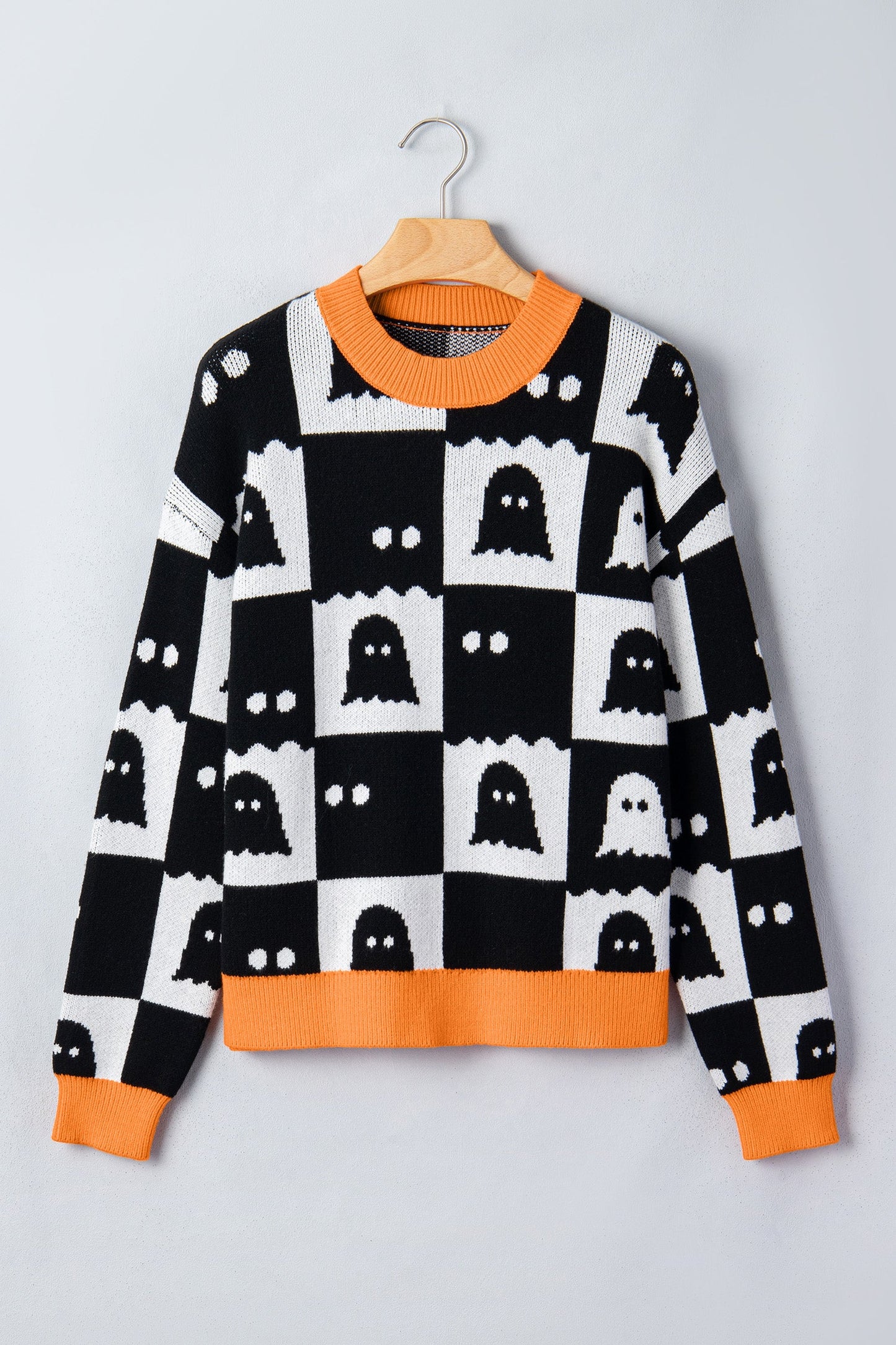 Halloween Ghost Checker High Neck Drop Shoulder Sweater -DS
