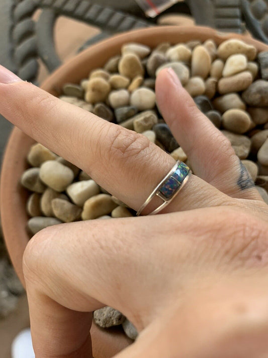 Zuni Sterling Silver Blue Opal Stacker Ring -DS