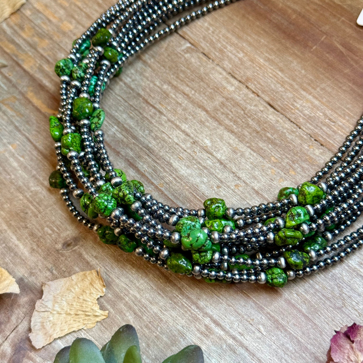 Green Nugget Turquoise & Sterling Silver Pearl Necklace -DS