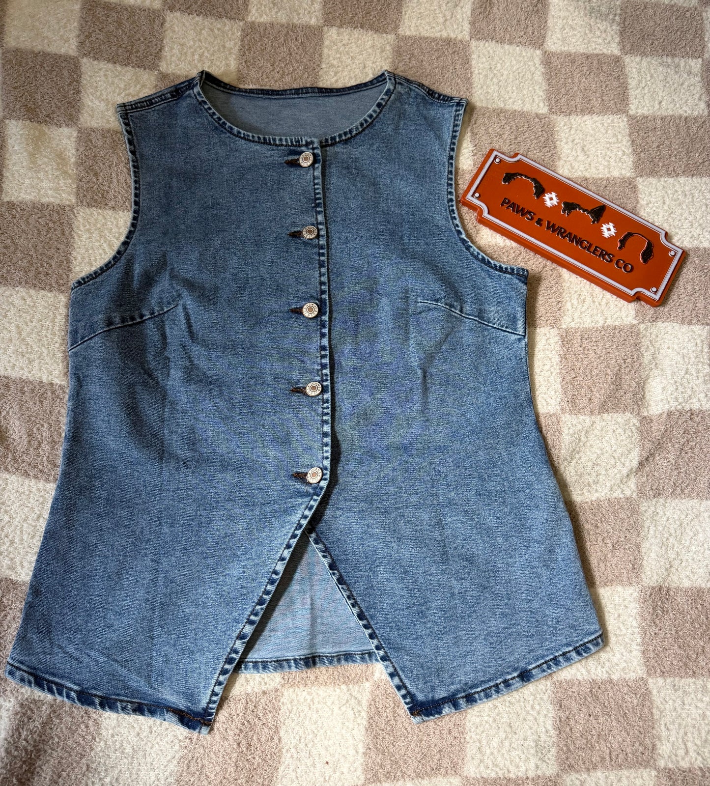 Western Button Down Front Slit Denim Vest