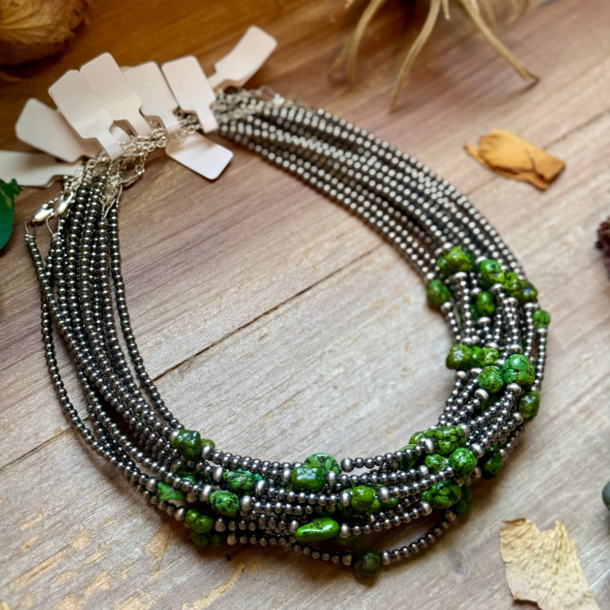 Green Nugget Turquoise & Sterling Silver Pearl Necklace -DS