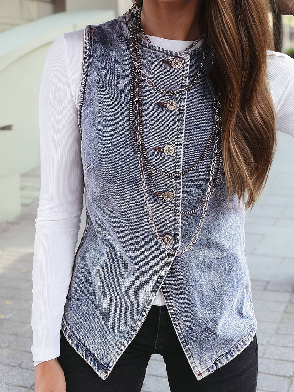 Western Button Down Front Slit Denim Vest