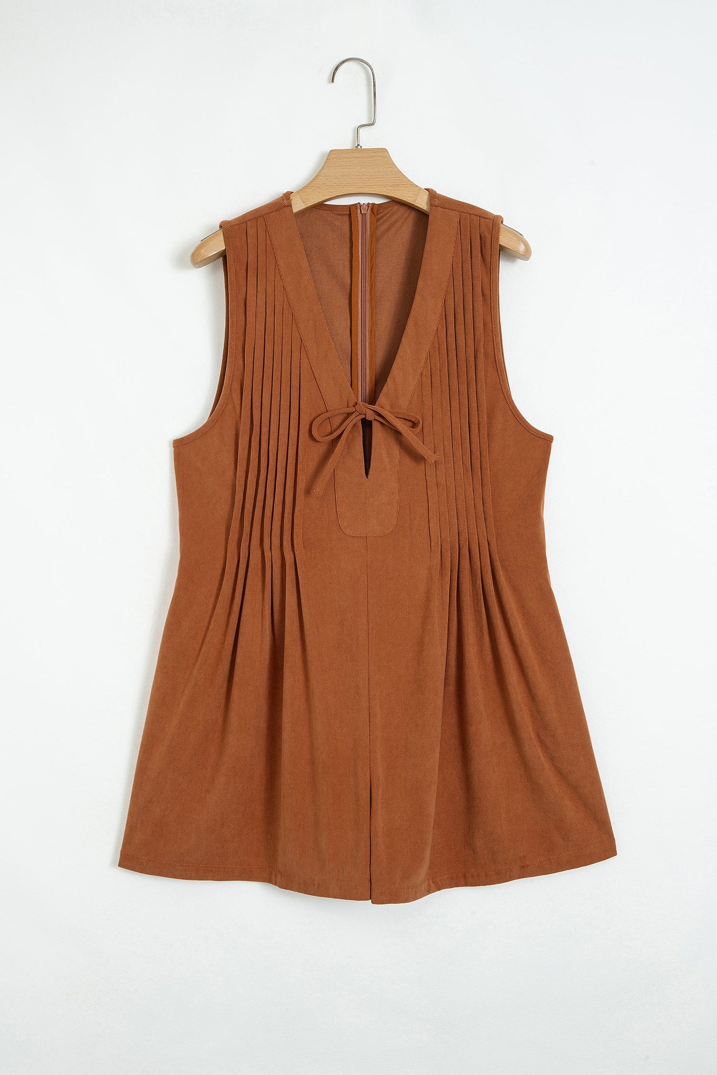 Solid Tie V-Neck Sleeveless Corduroy Romper -DS