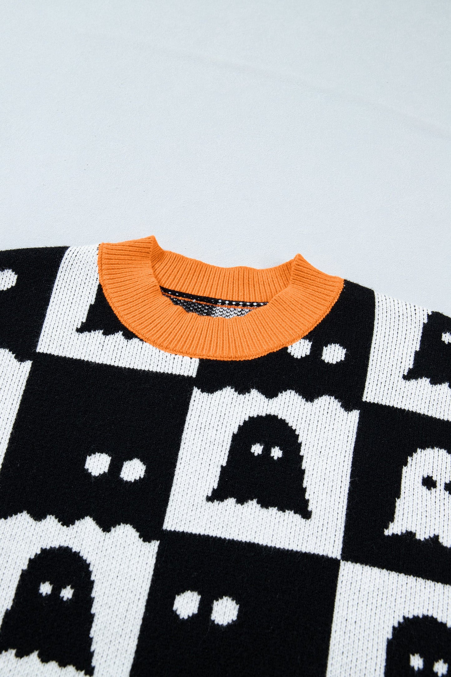 Halloween Ghost Checker High Neck Drop Shoulder Sweater -DS