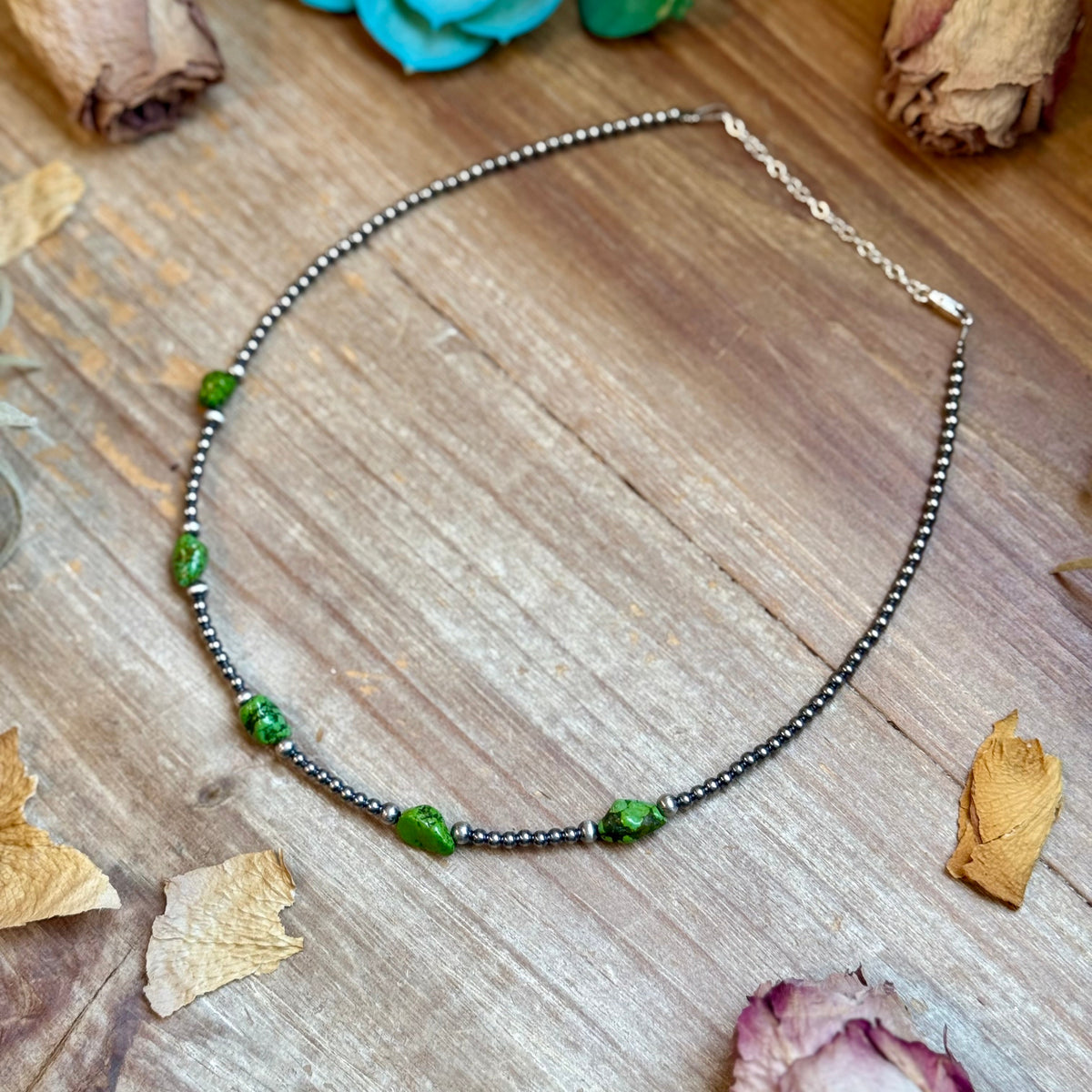 Green Nugget Turquoise & Sterling Silver Pearl Necklace -DS