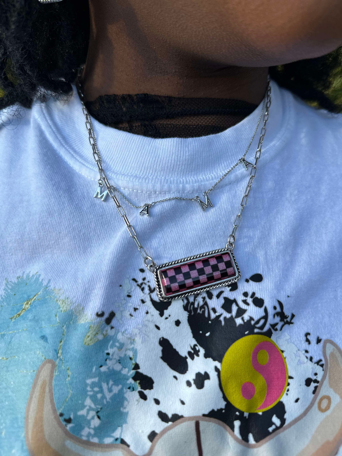 Pink Checkered Bar Necklace-DS
