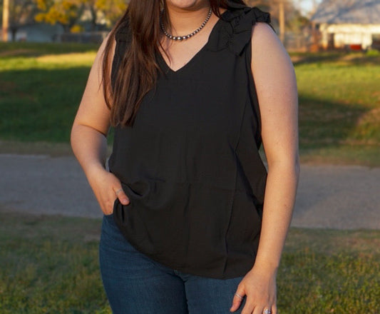 DS- Black - Plus Size - Ruffle Trim Sleeveless Top