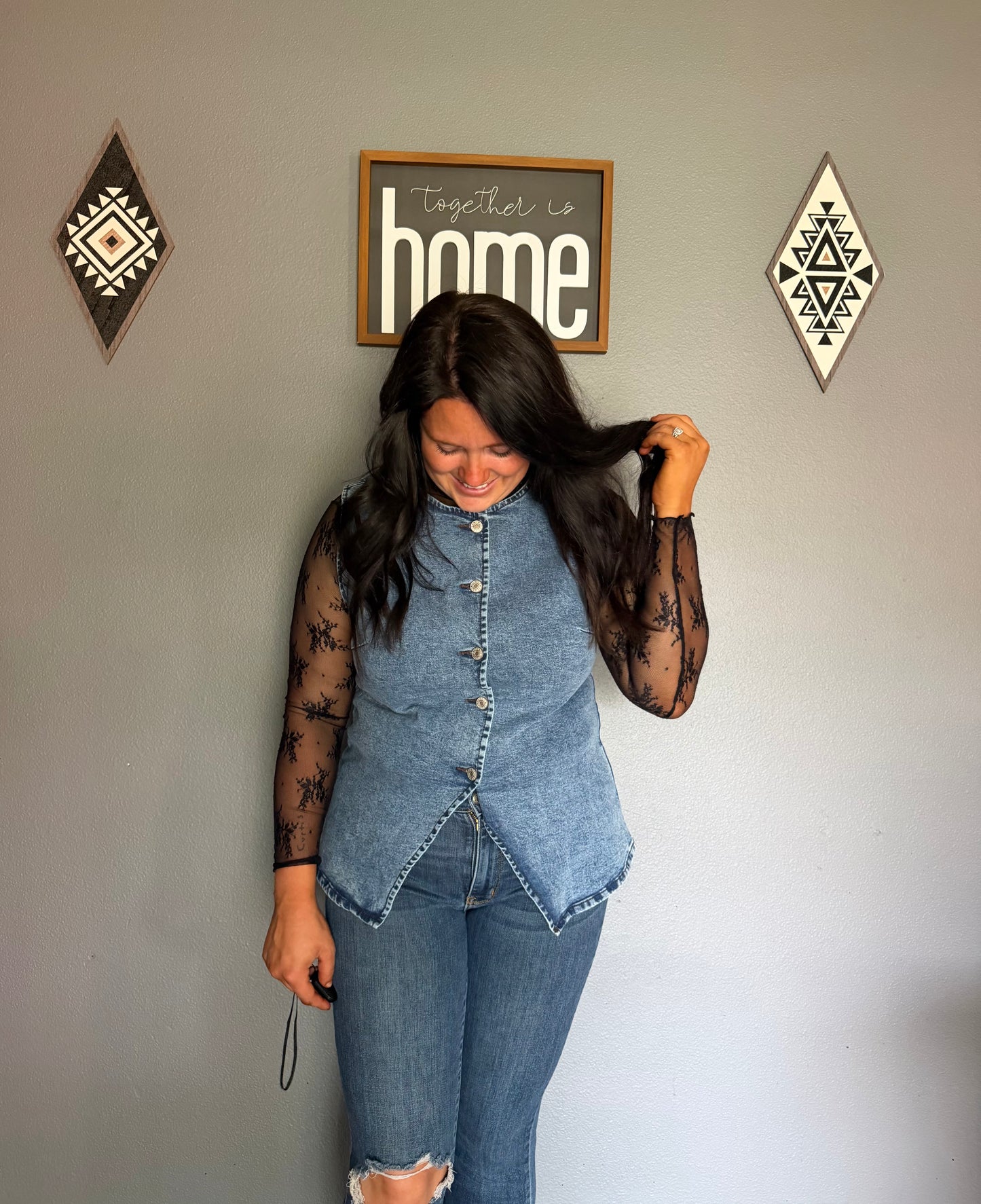 Western Button Down Front Slit Denim Vest