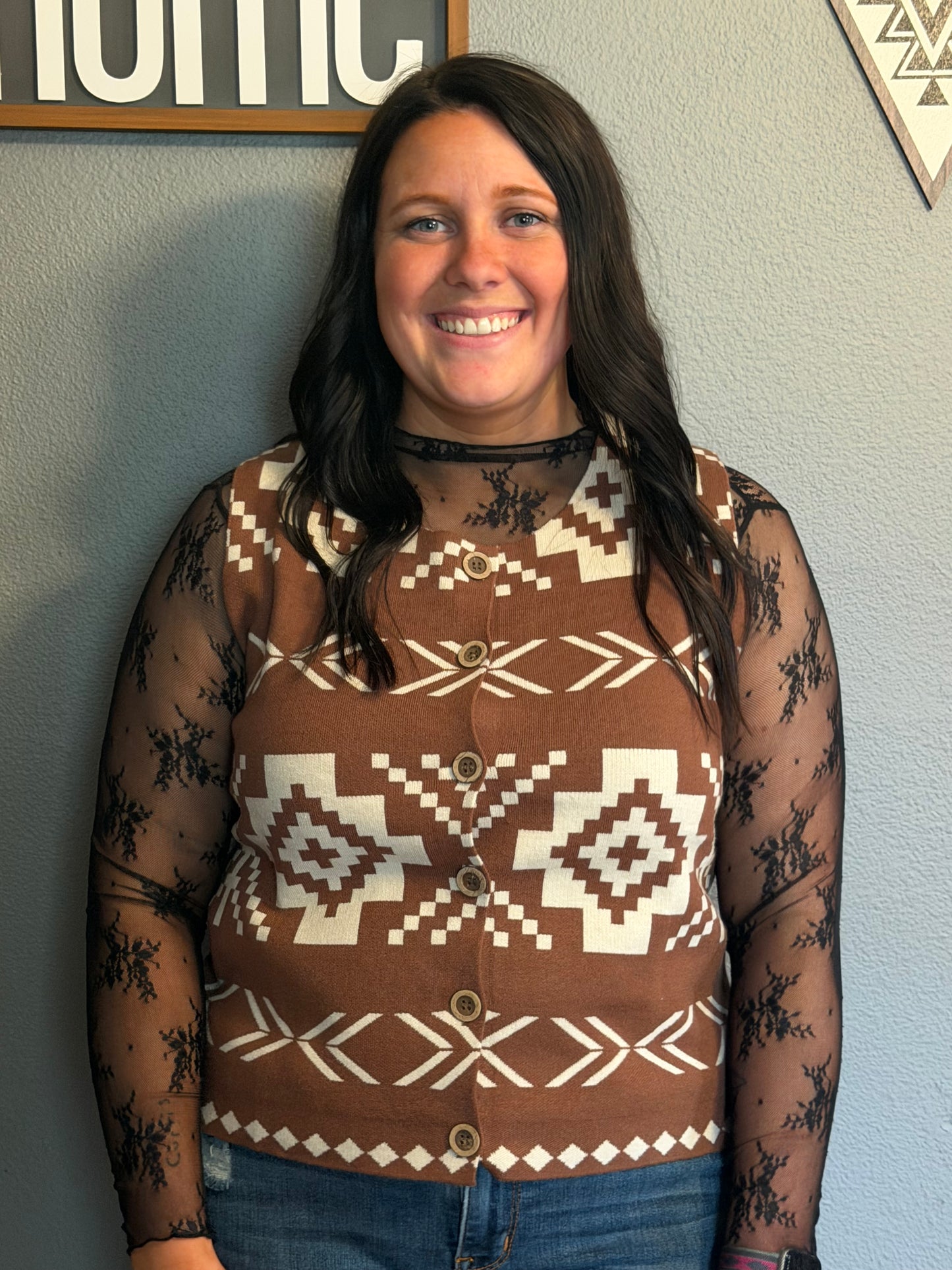 Western Aztec Button Square Neck Sweater Vest