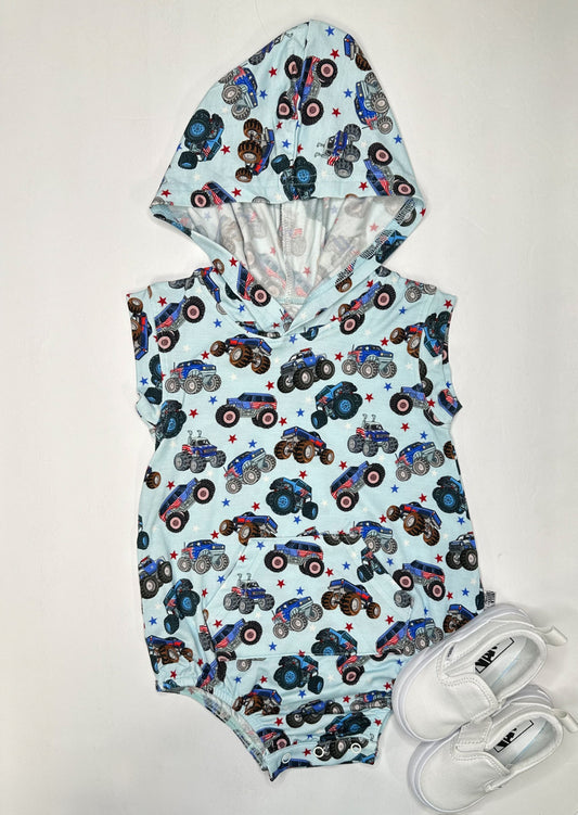 Red, White & Vrooooom Hooded Bamboo Romper -DS
