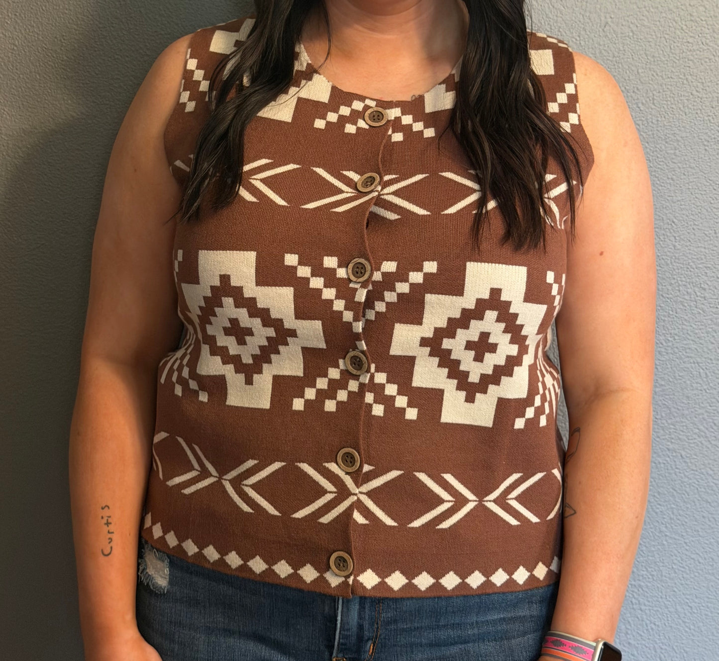 Western Aztec Button Square Neck Sweater Vest