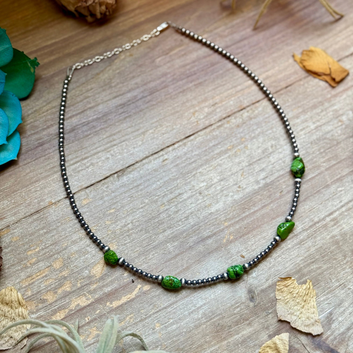 Green Nugget Turquoise & Sterling Silver Pearl Necklace -DS
